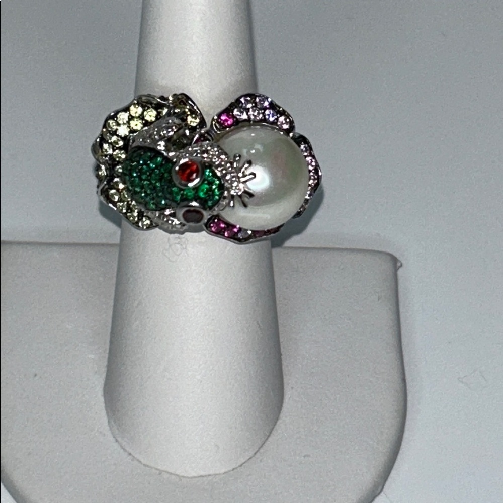 NWT Sterling Silver Pearl Colorful CZ Frog Lily Pad Designer Ring Bohemian Boho